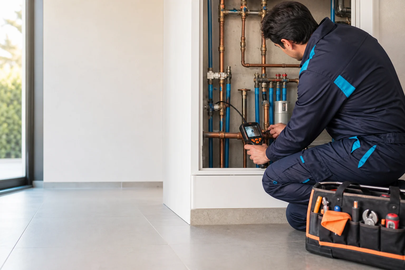 Gasfíter profesional revisando una instalación sanitaria
